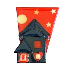 House Pin by Lucinda Brooch Red Dark Blue House Stars Moon Heart 2.5" x 1 7/8"